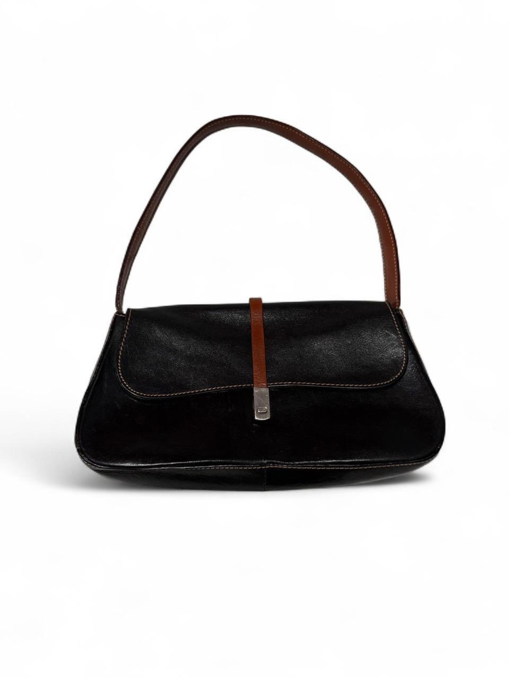 Vera Pelle Black Leather Shoulder Bag with Brown Strap